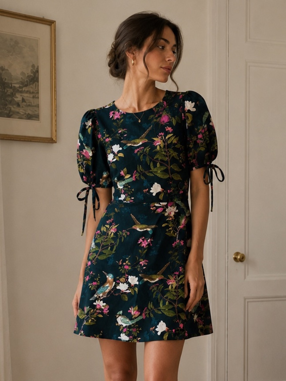Oasis Bird Floral Puff Sleeve Mini Dress 6 Cottagecore Garden Cotton Wedding